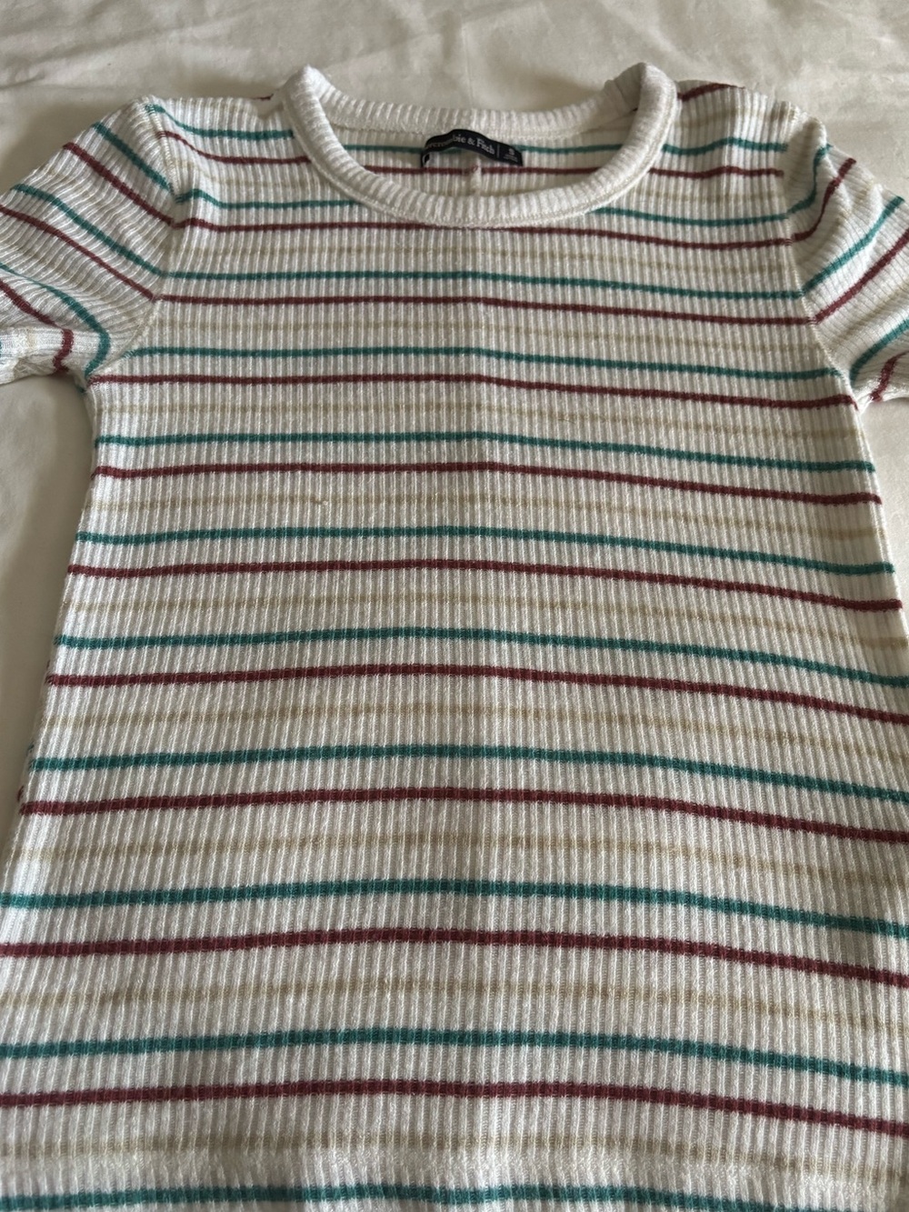 A & F Cream Ribbed Short Sleeve Tee Teal & Burgundy Stripes